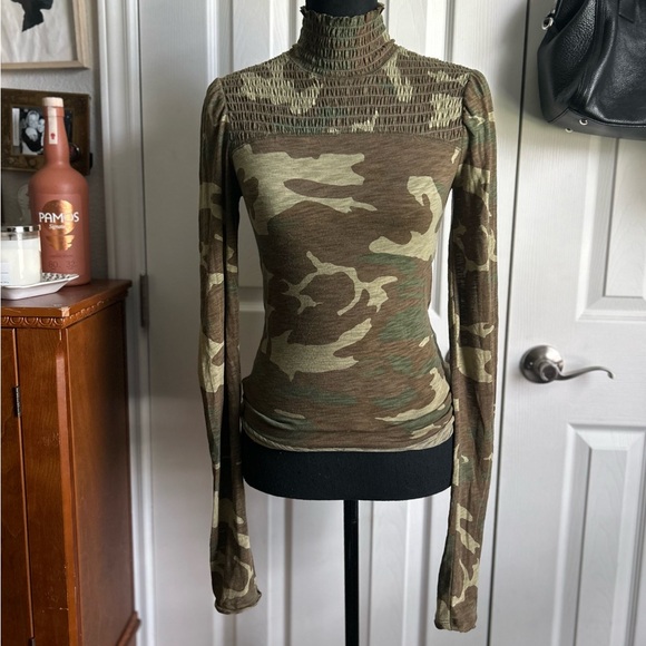green camouflage semi sheer layering mock turtleneck long sleeve blouse - Picture 1 of 6